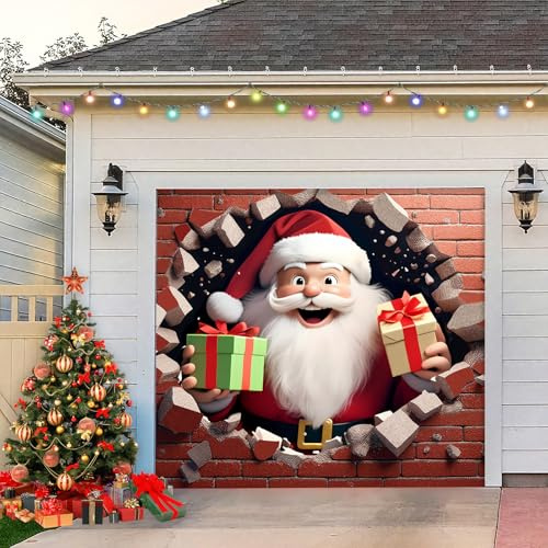 LEIDIMUS Weihnachts Garagentor Banner, Große Weihnachts Garagenhintergründe, Türwandbild, Outdoor Wandfoto Requisiten, Hintergrund, Hängender Hintergrund, Dekoration,Santa Claus,8 * 7FT