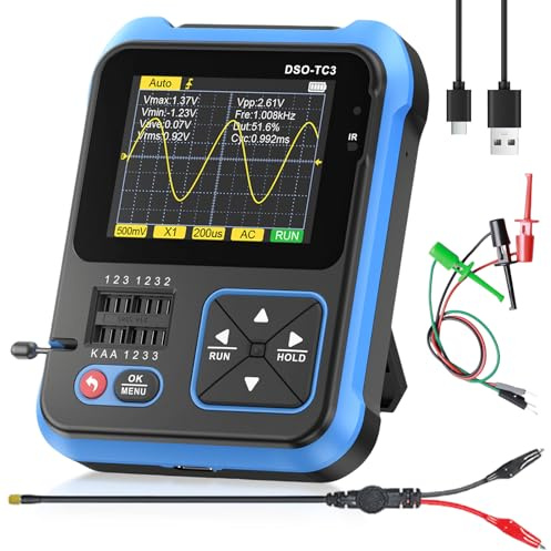 DSO TC3 Digitales Oszilloskop, 3-in-1 Tragbares Handoszilloskop-Kit,Digital Oszilloskop mit 2,4 TFT-Farbdisplay, Oszilloskop Multimeter, Multimeter Transistor Tester