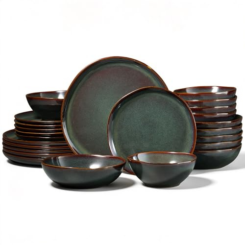 Onader 24 Piece Reactive Glaze Dinner Set for 6 People, Moss Green | Porcelain Dinner Sets, Irregular Round Stoneware Dinnerware Service for 6, Plates and Bowls, Dishwasher & Microwave Safe