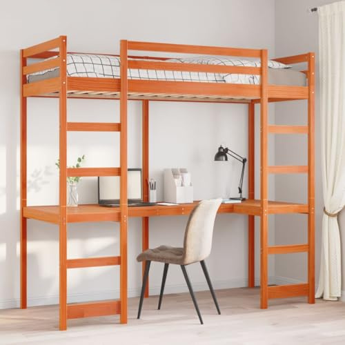 sephironlbb Bunk Bed without Mattress, Wax Brown, 75 x 190 cm, Solid Pine Wood, with Desk, Slatted Frame and Ladders, Space-Saving Youth Bed