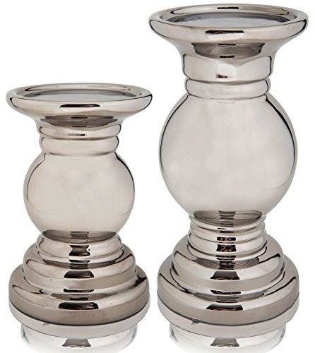 CHICCIE Keramik Kerzenhalter Racheal Silber 20cm 15cm - Kerzenständer Kerzenleuchter (2 Set - 20cm & 15cm)