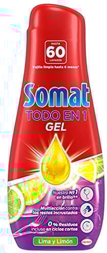 Somat Gel Todo en 1 Lima y Limón (60 lavados), detergente lavavajillas con gran poder de limpieza, lavavajilla líquido para una vajilla limpia y brillante, jabón lavavajillas para ciclos cortos