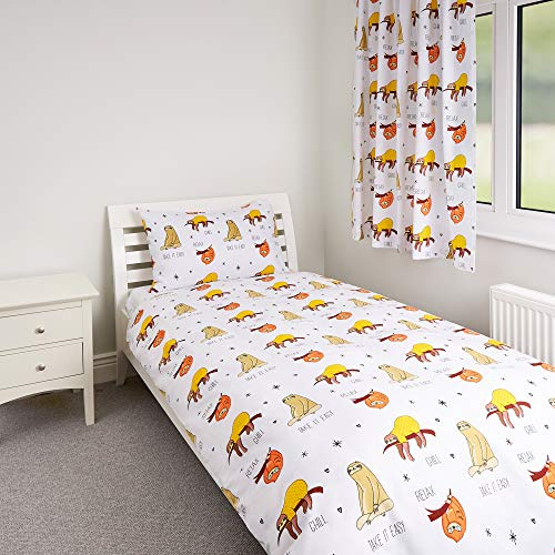 Zappi Co Sloth Design Bedding Set Childrens Girls Boys Single Bed Duvet Cover and Matching Pillowcase 135cm x 200cm