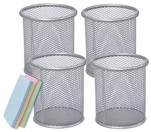 Qualsen Pen Holder for Desk 4 Pack, Pen Pot Mesh Desk Organizer Pencil Holders Desk Pen Holders Stationary Supplies Pencil Pots for Classroom Office, Home, Silver