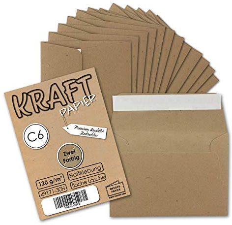 50x Briefumschläge DIN C6 Kraftpapier - Braun - Vintage Recycling Kuverts mit Haftklebung - 114 x 162 mm