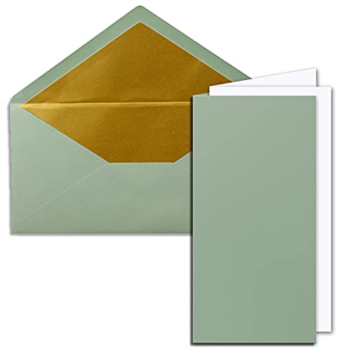 50x Faltkarten-Set DIN Lang inkl. Briefumschlägen mit goldenem Seidenfutter und weißen Einlegeblättern in Eukalyptus (Grün) - 10,5 x 21 cm - für Einladungen und Grußkarten