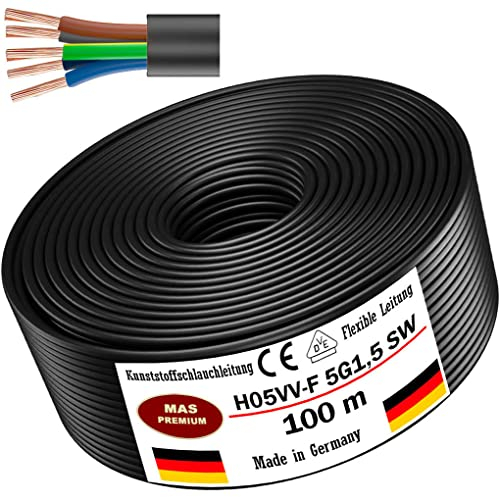 MAS Premium Von 5 bis 100m Kunststoffschlauchleitung H05VV-F 2, 3 oder 5 x0,75; x1; x1,5 oder x2,5 und 4G0,75 Flexible Leitung Kabel Leitung Gerätekabel (H05VV-F 5G1,5 SW, 100m)