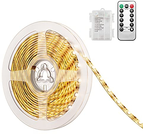 AMIR LED Streifen Batterie, 3 Meter 90 LED Klebe Streifen mit 8 Modi, Timer, Fernbedienung, Dimmbar LED Strip Batteriebetrieben Schneidbar für Innen Außen Garten, Party, Warmweiß