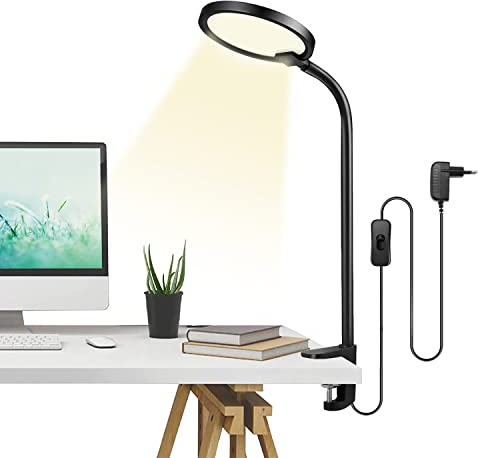 LED-Schreibtischlampe mit Klemme, Flexible Silikon-Schwanenhals-Arbeitslampe aus Zinklegierung, augenschonende Tischleuchte mit verstellbarem Arm, Klemmleuchte Warmweiß, 580LM/3000K/6W/ 100-240V