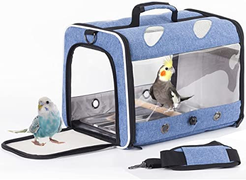 ORIZZP Vogel-Transportbox für Papageien mit Holzstange und Tablett, Vogeltrage (blau, Vogelträger)