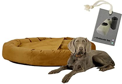 Rohrschneider Hundekissen Kuschelhöhle Denver Samt S-M-L mit Hundekotbeutelset (L, Senf)