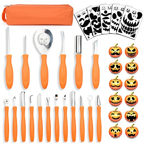 Kürbis Schnitzset Halloween Professionelle Hochleistungs Pumpkin Schnitzmesser und -Werkzeuge mit Tragetasche für Erwachsene und Kinder mit professionellem (Verbessertes 18-teiliges)