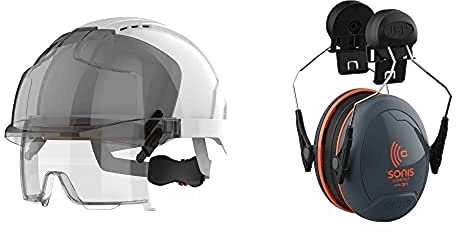 EVO® VISTAlens™ Safety Helmet with Integrated Safety Eyewear - White/Smoke (JSP AMB170-005-F00) One size & JSP Sonis Compact Helmet Mounted Ear Defenders