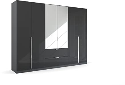 Rauch Möbel Glamour by Quadra Spin Schrank Drehtürenschrank, Grau metallic/Hochglanz Effektgrau, Schwarz, 6-trg. mit Spiegel, inkl. 3 Kleiderstangen, 3 Einlegeböden, 2 Schubladen, BxHxT 271x210x54 cm