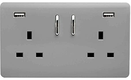 Trendi 2 Gang Artistic Modern Glossy 13 Amp 2 x 3.1mA USB Switched Plug Socket Light Grey