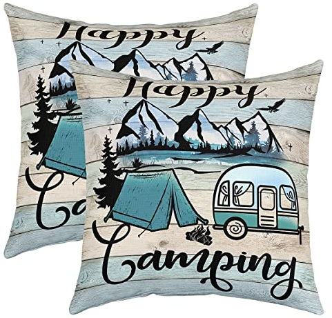 Happy Camping Kopfkissenbezüge 60x60 Set von 2, Camper Kissenbezüge für Sofa, Rustikales Bauernhaus Dekorative Camping Kissen, Rv Auto Thema Bunte Vintage Hölzerne Kissenhüllen