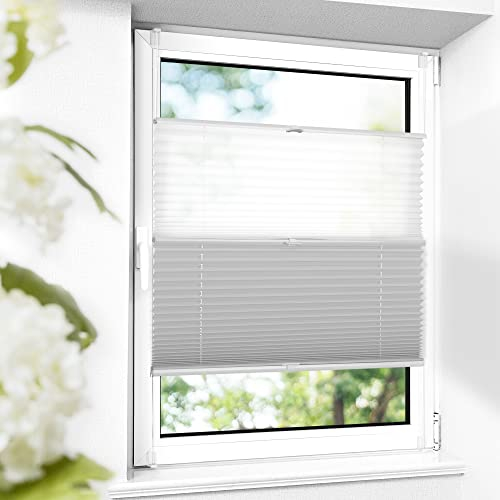 Allesin Plissee ohne Bohren Verdunkelung (Day and Night), Weiß-Grau 40x130cm(BxH) Thermo Plissee 100% Verdunkelnd & lichtundurchlässig Jalousie, Doppel-Plissee farbig für Fenster & Tür