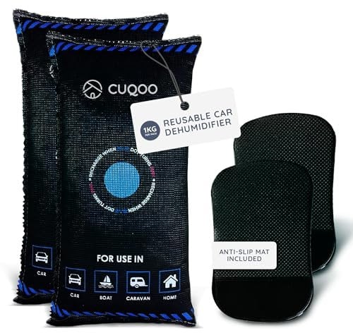 CUQOO Reusable Car Dehumidifier Bag for Car Interior - Moisture Absorber with Dashboard Mounting Anti-Slip Mat, Microwave Fast Reactivated Packets, Rechargeable Dehumidifier
