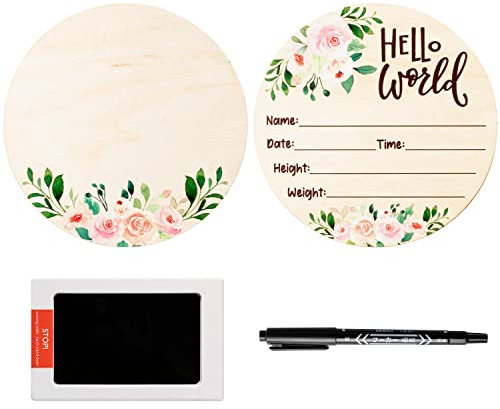 R HORSE Baby Geburt Ankündigung Schild mit Stempelkissen Hello World Holz Baby Geburtsschild mit Marker Stift für Hand und Fußabdrücke doppelseitig rosa blumig Neugeborene Ankündigung Schild