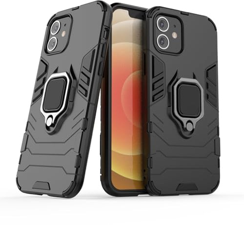 Hülle für IPhone 12 / iPhone 12 Pro Drehbar Ringhalter Cover Magnet Bumper Handyhülle Case Stoßfest Doppelschichter Schutzhülle Outdoor Shock Absorption Mit Ring (IPhone 12 / iPhone 12 Pro, Schwarz)