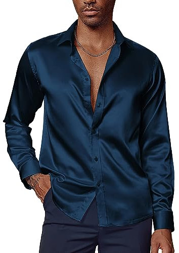 PaulJones Chemise à manches longues pour homme, coupe droite, avec nœud papillon assorti, en satin, tenue de fête, bleu foncé, XXL