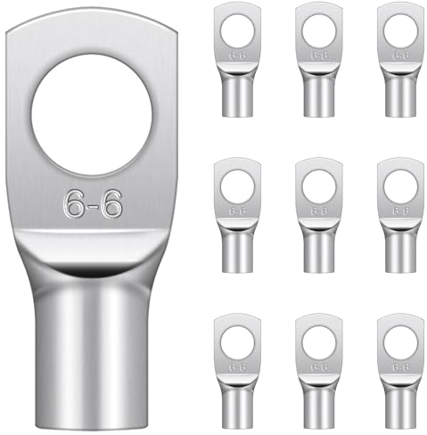 10 Pcs Cable Lugs M6, Hanibos SC6-6 Copper Tube Battery Cable Ends Lugs Battery Terminals Connectors Tinned Copper Crimp Lugs