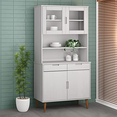 BaraSh Highboard-Oberteil MOLDE Weiß 90x35x100 cm Massivholz Kiefer WäScheschrank Kommode Holz Natur Anrichte