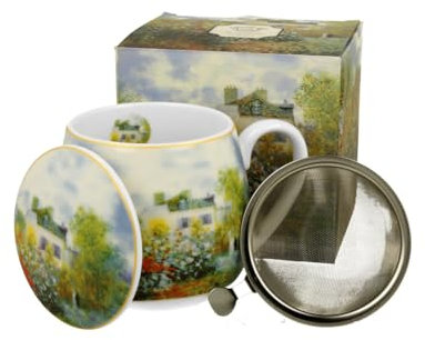 DUO ART GALLERY Fassbecher 430 ml THE GARDEN AT ARGENTEUIL mit Teesieb, New Bone China Porzellan