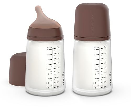 Suavinex, Pack 2 Biberons Anti-Colique Zero Zero 270 ml avec Tétine à Débit Moyen (M) en Silicone, Bébés +3 Mois, Lait Maternel, Poudre et Liquides Densité Moyenne, Compatible Allaitement, Deep