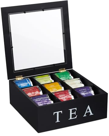 Relaxdays Caja Té, 9 Compartimentos, Organizador Infusiones, de Bambú, con Ventana, 9 x 23,5 x 23,5 cm, Negro/Blanco