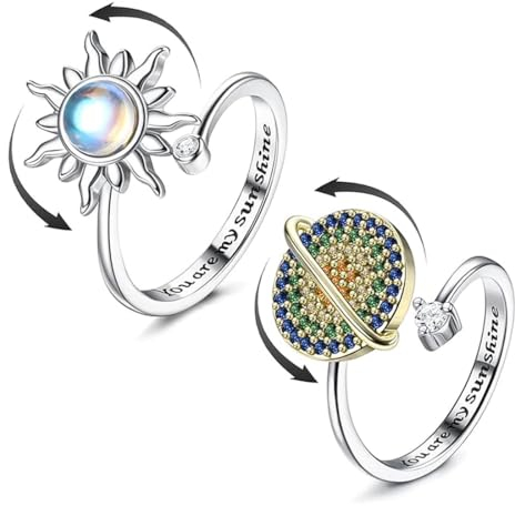 CPSYTE 2 Stück Silber Ringe für Damen Sonnenblume Fidget Ring Mondstein Spinner Ringe Achtsamkeitsring Ring Verstellbare Offene Anti Stress Ring für Damen - Sonne/weißer Stern