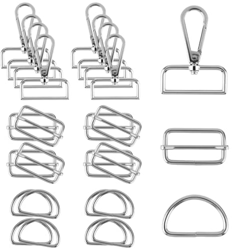 RVLZKCPG 30 Stück Taschenzubehör zum Nähen Set, 37mm Karabinerhaken mit Drehgelenk, Metalle D Ring Rechteckige Schiebeschnalle für Kunsthandwerk, Taschen, Kleidung, Gürtel (Silber)