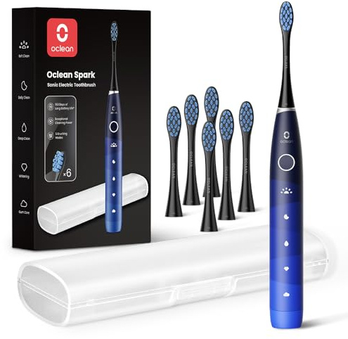 Oclean Elektrische Zahnbürste für Erwachsene, Schallzahnbürste Weiche Zahnfleischpflege mit 6 Bürstenköpfen & Reiseetui, 240 Tage Akkulaufzeit, USB C Wiederaufladbar, Blau