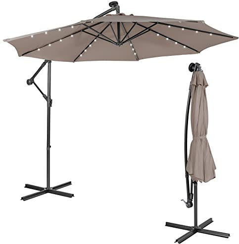 COSTWAY 3M Garden Cantilever Parasol, Outdoor Offset Banana Hanging Umbrella with 32/40 Solar-Powered LED Lights and Tilted Design, Sun Shade Canopy for Poolside, Deck & Patio (Coffee)