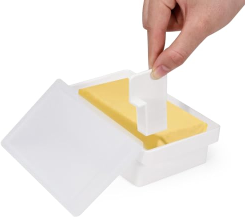 Kitchen Butter Dish with Lid & Cutter Board, Plastic Covered Stick Butter Holder, 8.8 Oz Refrigerated Butter Tray Case, Butter Keeper Container for Countertop Storage Easy Cutting (6.2in)