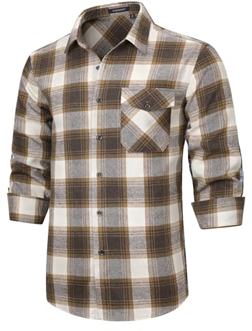 HISDERN Men's Shirts Long Sleeve Casual Checked Shirts Plaid Flannel Shirt Lumberjack Button Down Shirts Brown 4XL