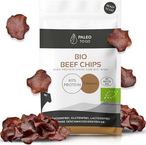 PALEO TO GO Beef Chips [100% BIO] 60% High Protein Bio Rindfleisch [Made in Austria] ohne Konservierungsstoffe Protein Beef Jerky Snack Trockenfleisch 8x 20g Fleisch Snacks Protein Chips