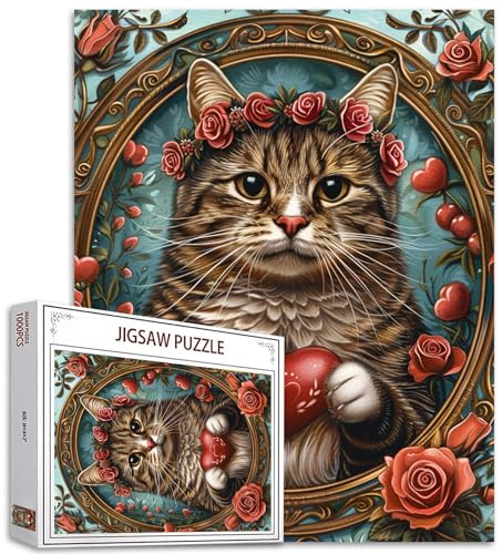 Tucocoo Sweet Tabby Cat Jigsaw Puzzle 1000 Pieces Puzzles for Adults, Holding a Heart Kitten Flower Crown Art Puzzles for Challenging Family Activity Games Colorful DIY Puzzle for Home Decor Gifts