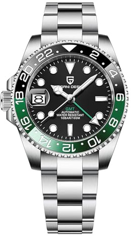 SUZAKU 1662 GMT Herrenuhr Automatik NH34 Mechanische Herrenuhr mit Zwei Zeitzonen und Kalender Wasserdicht Edelstahl Leuchtend Business（Stahlband schwarz grün）