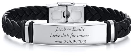 Personalisiertes Herren Lederarmband, Herren Armband mit Gravur, Schwarz Mikrofaser-Leder Flechtarmband - DIY Name Nachricht Armbänder für Herren, Geschenke für Männer (Silber)