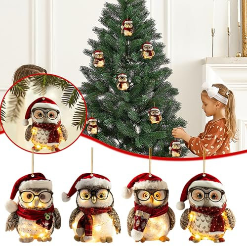 Weihnachtsbaum Eule Anhänger, 2D Acryl Weihnachtseule Hängende Deko Lustiger Weihnachten Eule Ornament Spaß Weihnachtsanhänger Deko Christbaumschmuck Weihnachtsschmuck Geschenk (4 Stück)
