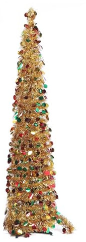 Arbre de Noël Pop-up de 4,9 Pieds, Arbre de Noël en Crayon Artificiel Pliable, Arbre de Noël Maigre à Paillettes, pour la Maison, L'appartement, Les Décorations de Vacances (Or