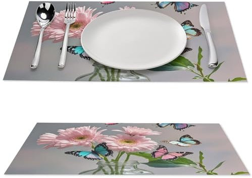 Platzsets Set mit 1 Blumen unter Glasgefäß, bedruckt, waschbar, abwischbar, rutschfest, PVC, hitzebeständig, Tischdekoration, für Esszimmer, Terrasse, Restaurant