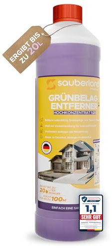 sauberland® Grünbelagentferner 1L [Konzentrat für 20L] – Selbsttätige Entfernung von Grünspan, Moos, Algen & Flechten uvm. | Steinreiniger für Terrassen, Steine, Fassaden, Dächer | Chlor- & Säurefrei