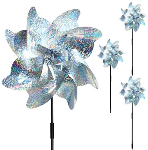 4Pcs Reflective Bird Scarer Windmill | Double Sided Holographic Reflective Pigeon Deterrent Bird Repellent Windmill | Wind Spinners for Garden Home (Height 52cm)