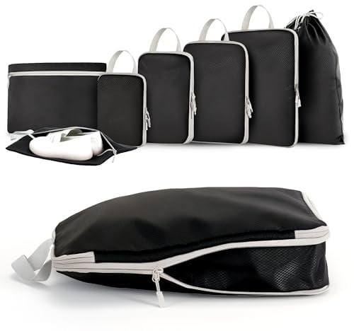 MEUVO Packwürfel Kompression für die Reise - Extrem platzsparender Koffer-Organizer-Set, wasserdichte Packtaschen für Koffer oder Rucksack, 7er-Set Compression Packing Cubes