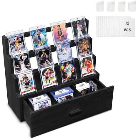 Emfogoo Sammelkarten Display Ständer mit Schublade, 3-stufige Holz Sammelkarten Aufbewahrung mit Kartenhalter und einstellbaren Fächern, Kartenhalter Display für Sportkarten (Schwarz)