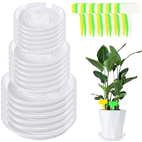 UPINS 18-Pack Clear Plastic Plant Saucers Trays with Labels (3 Sizes) | Clear Plastic Plant Trays with Labels, Deep Leakproof Design, Easy to Clean, Versatile Sizes Perfect for Indoor Outdoor