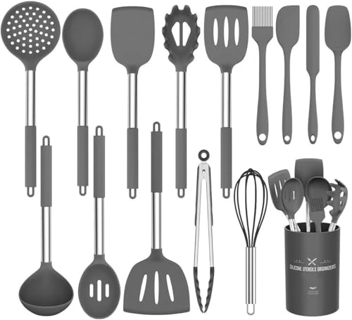 Kitchen Utensil Set, 15pcs Silicone Cooking Kitchen Utensils Set, Cooking Tools Turner Tongs Spatula Spoon for Nonstick Heat Resistant Cookware - (Grey) | Heat-resistant cooking utensils cookware with utensil holder, stainless steel handle, dishwasher safe (grey)