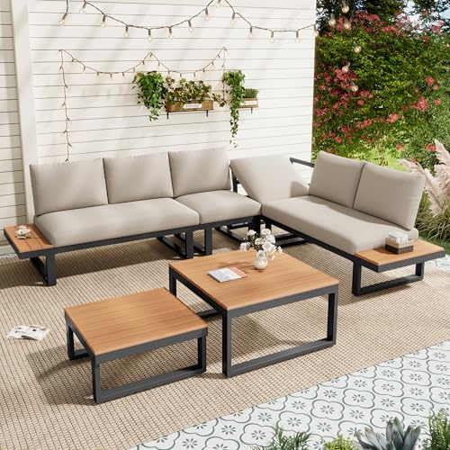Merax Gartenmöbel Set, mit Verstellbarer Rückenlehne, Ecksofa mit 2 Couchtischen, verzinktes Stahlgestell, Kunststoffholz-Tischplatte, Outdoor Sofa Set für Balkon und Terrasse, Beige